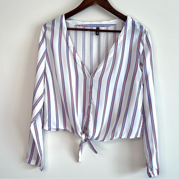 Divided H&M V neck Womens 10 Striped Button Down Crop Tie Long Sleeve Tee 0182 - Picture 1 of 6